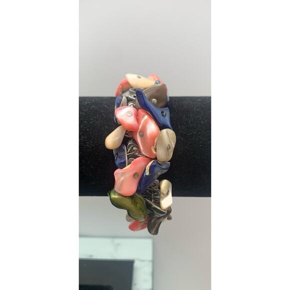 Vintage Spidel Style Metal Stretch Multicolored Polished MOP Shell Bracelet - Picture 1 of 5
